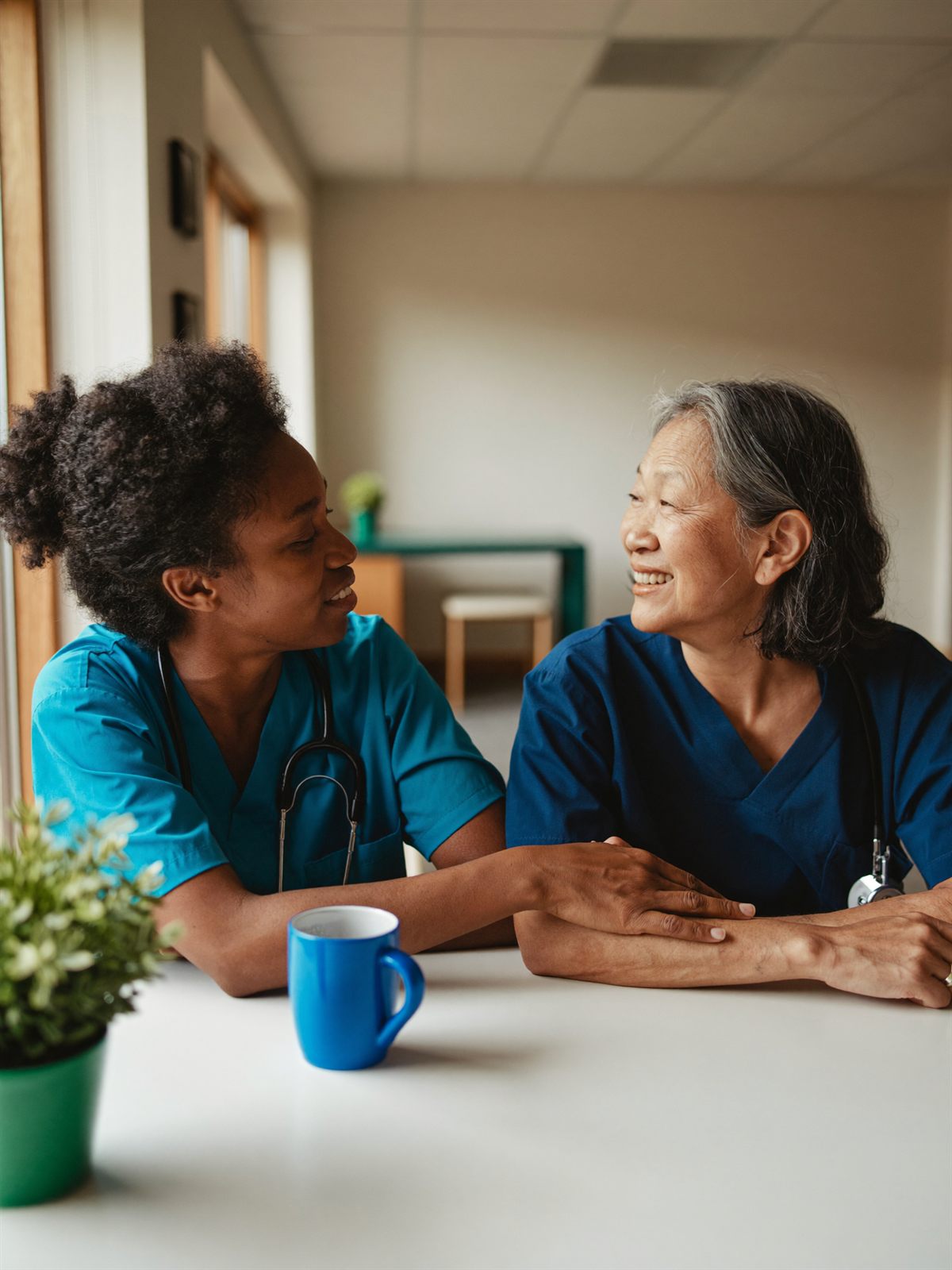 Two nurses sitting together in a break room, talking and supporting each other