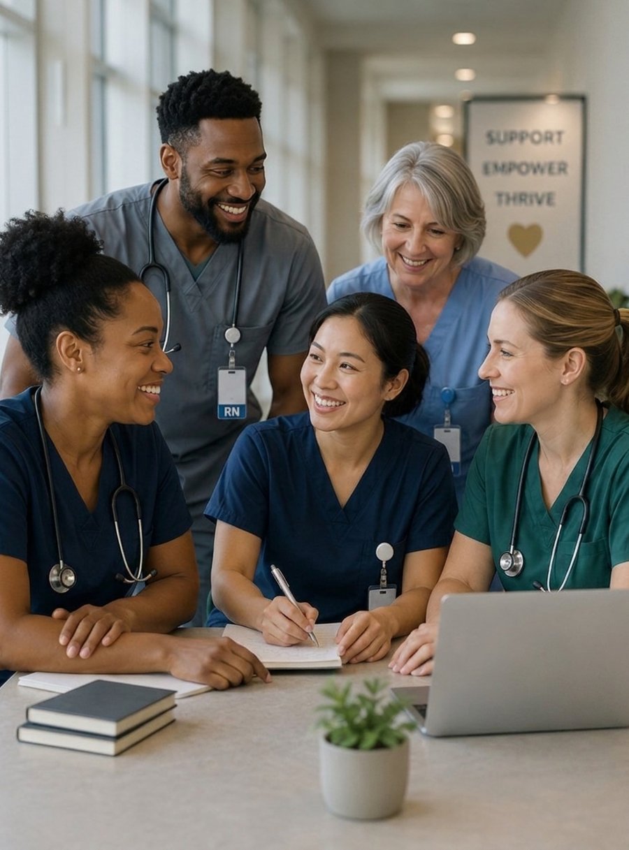 A diverse group of nurses together, smiling and supporting one another
