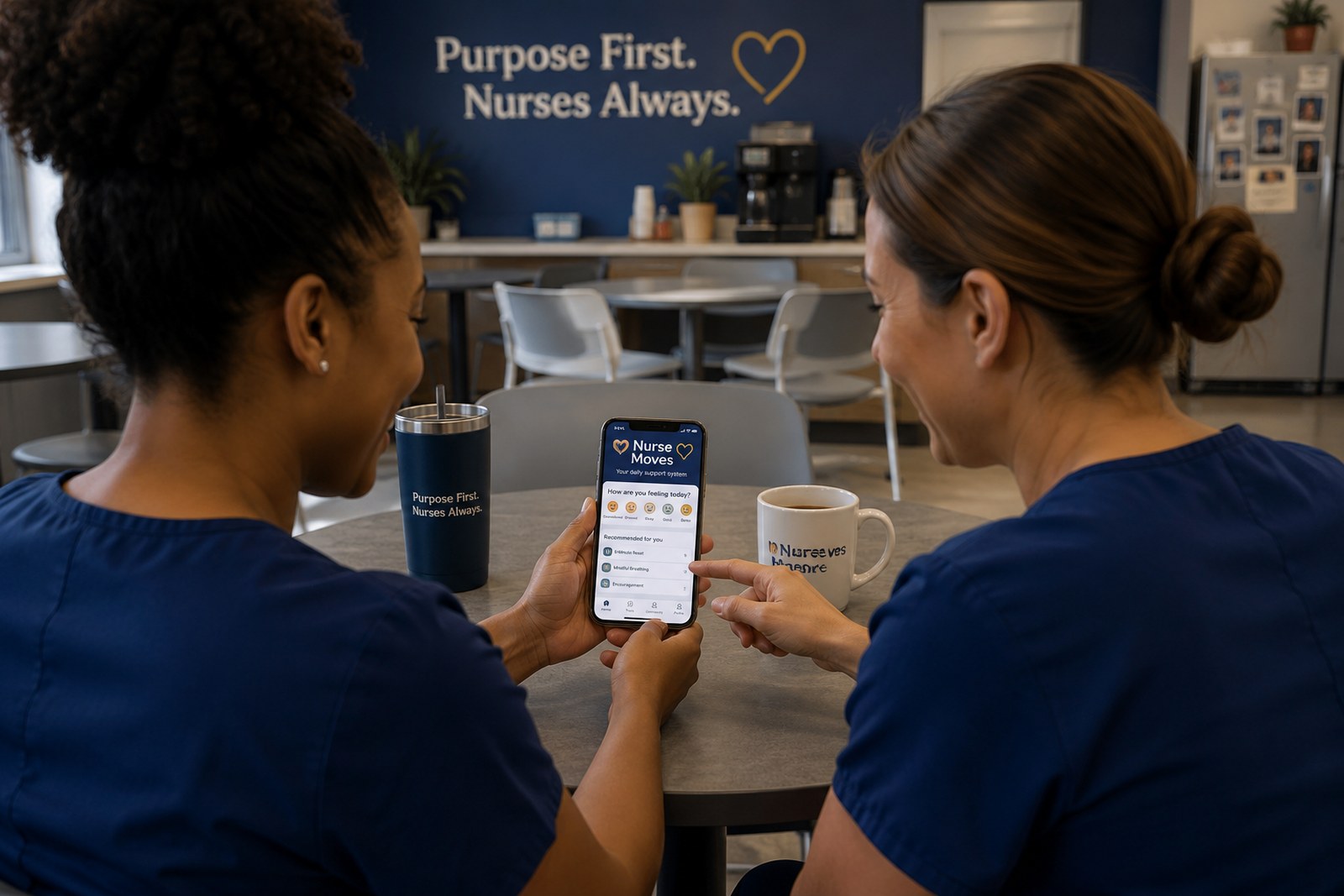 Two nurses sitting together in a breakroom, exploring the Nurse Moves app, with 'Purpose First. Nurses Always.' on the wall behind them